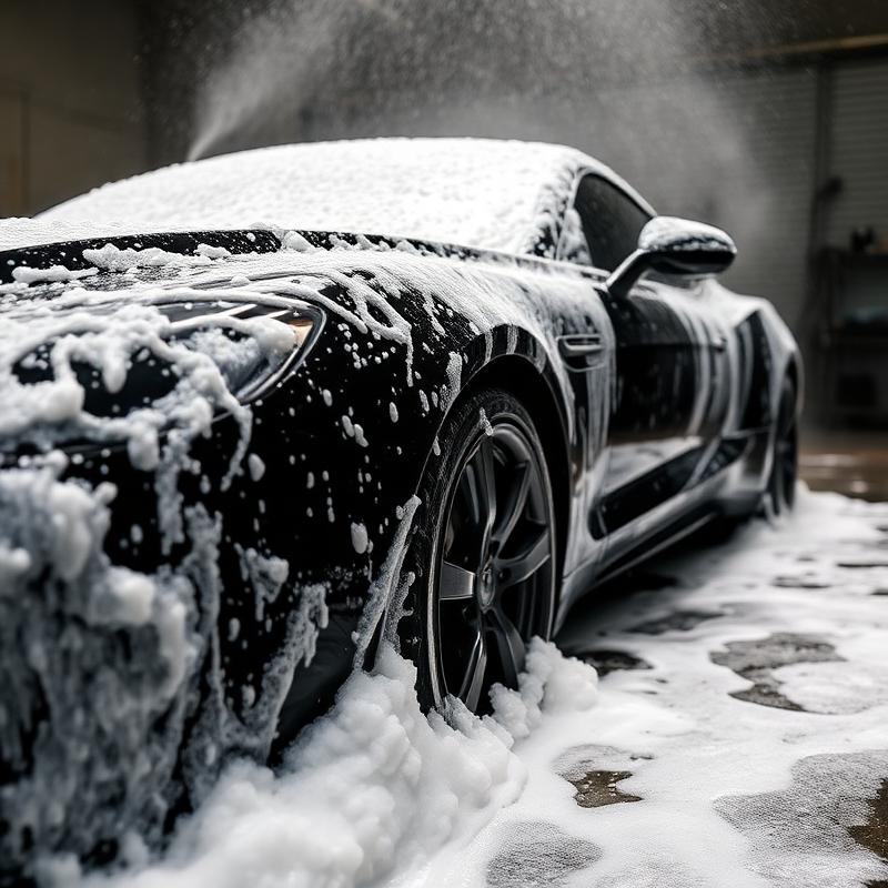 Black car covered in foam during full body wash
